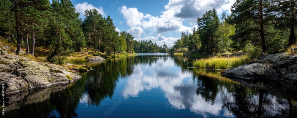 Scenic view of lake in pine forest with summer growth concept. A serene lake surrounded by lush greenery and vibrant clouds. Scenic view of lake in pine forest with summer growth concept. A serene lake surrounded by lush greenery and vibrant clouds.