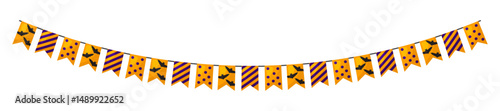 Colorful Halloween bunting flags with bat silhouettes and stripes in orange, purple and black. Isolated festive decoration. Vector illustration in cartoon style.