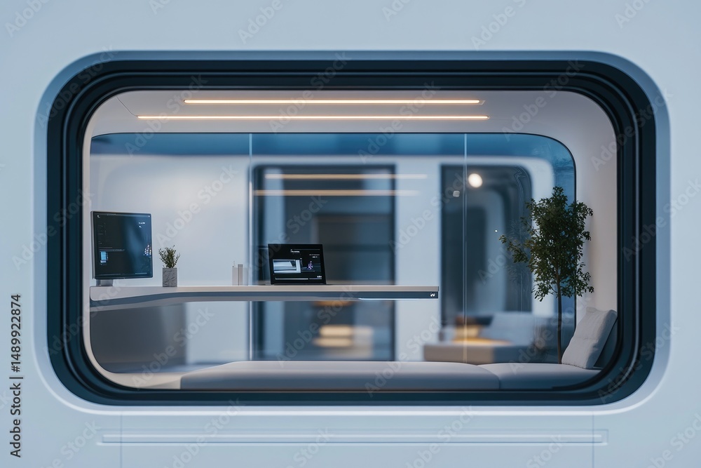 Fototapeta premium Futuristic, minimalist interior view through a large window