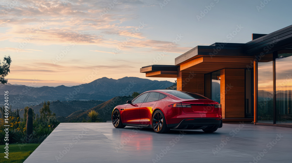 Naklejka premium Concept: Luxury living with sportscar on a modern house with scenic mountain range at sunset