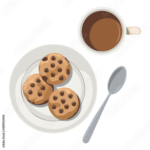 Chocolate cookies with coffee cup snack isolated vector illustration on white background