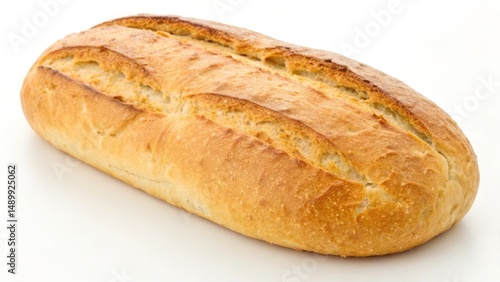 Freshly baked loaf of bread on a white background.