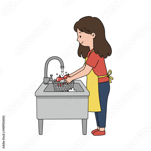Woman washing dishes in a sink while smiling in a cozy kitchen with copy space