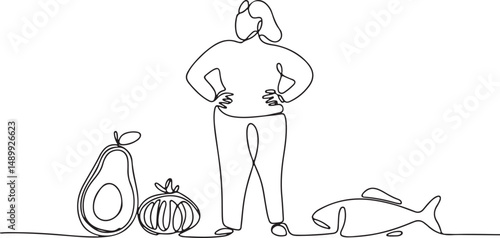 Continuous one line drawing of a confident plus size person with hands on hips and healthy fat symbols like avocado, nuts, and fish

