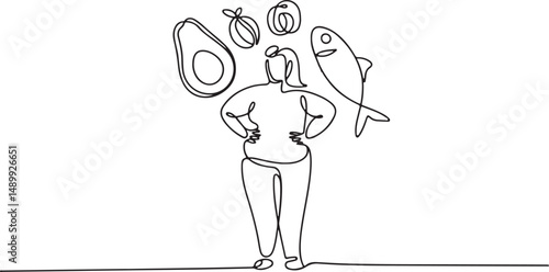 Continuous one line drawing of a confident plus size person with hands on hips and healthy fat symbols like avocado, nuts, and fish

