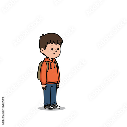Young boy with a backpack standing still and smiling on a white background with copy space