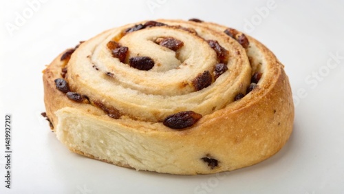 Delicious cinnamon roll with raisins on a white background.
