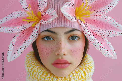 A young woman in a pink beanie adorned with oversized lilies poses against a pink background. Pop-inspired fashion editorial with bold floral styling.