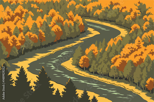 86 lush autumn forest,aerial landscape,winding river,snow-covered trees,vibrant fall foliage,aerial view,serene natural scenery,dramatic lighting,dramatic composition,cinematic style