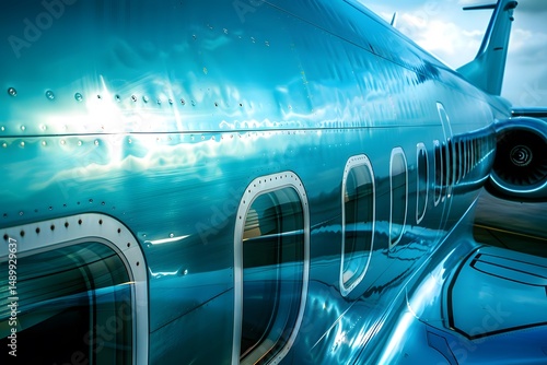 Sleek Airplane Design: A Study of Aerodynamic Curves and Reflective Surfaces in Aviation Technology, Showcasing the Polished Metal and Oval Windows of a Modern Aircraft