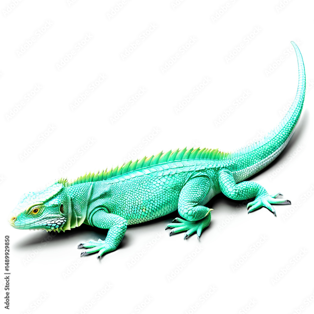 Naklejka premium A radiant turquoise iguana stands out against a stark black backdrop, showcasing its unique scales.