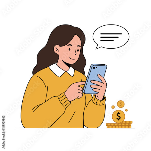 Young woman with a smile using smartphone while texting about money and finance