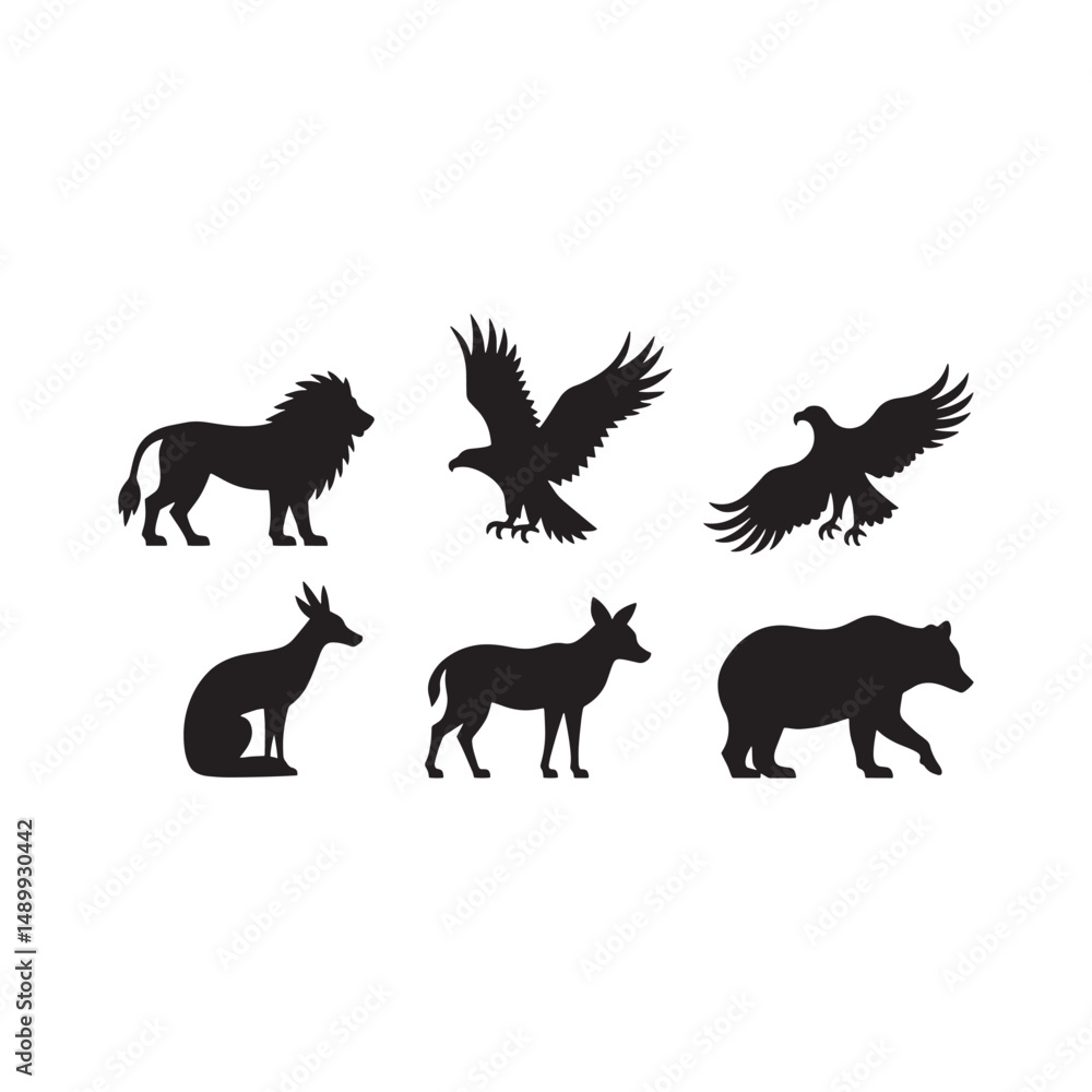 Obraz premium Diverse Animal Silhouettes: Lion, Eagle, Kangaroo, Deer, Bear Vector Illustrations for Stock.