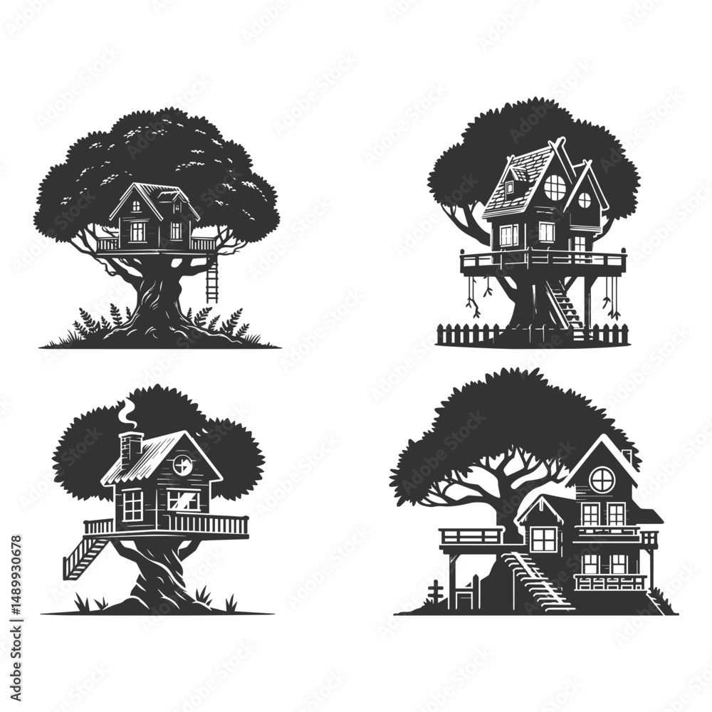 Naklejka premium Silhouettes of tree house vector on a white background. Tree house for kids icon