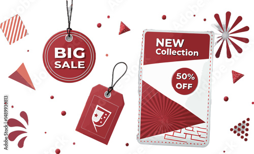 Colorful sale tags and promotional elements in red, announcing a big sale and new collection.