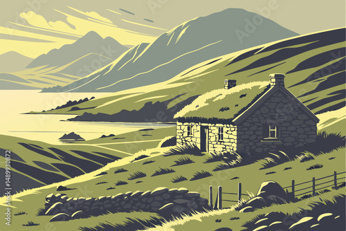 87 landscape, rolling hills, stone house, grass roof, lake, mountains, dramatic lighting, scenic, serene, picturesque, digital art