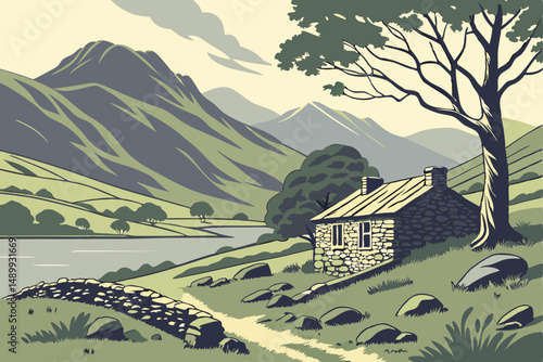 87 landscape, rolling hills, stone house, grass roof, lake, mountains, dramatic lighting, scenic, serene, picturesque, digital art