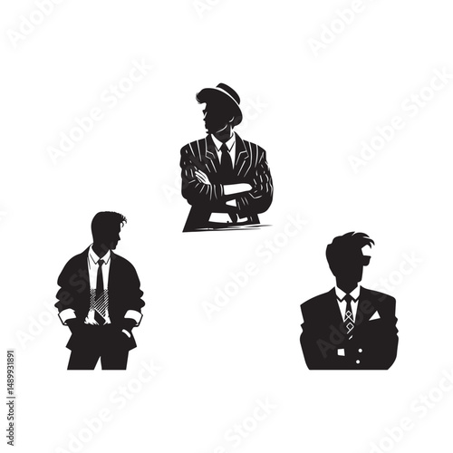 Silhouette of man dressed in 1990s fashion on white background. Fashion concept icon