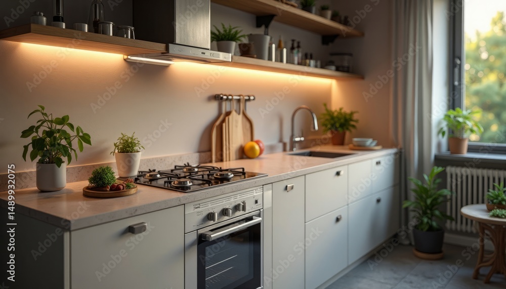 Fototapeta premium Modern Minimalist Kitchen Interior With Warm Lighting And Greenery