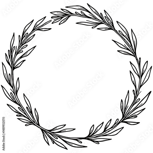 Delicate heart-shaped wreath made of thin leafy branches in a minimalist hand-drawn style, ideal for romantic, botanical, or wedding-themed graphic designs.
