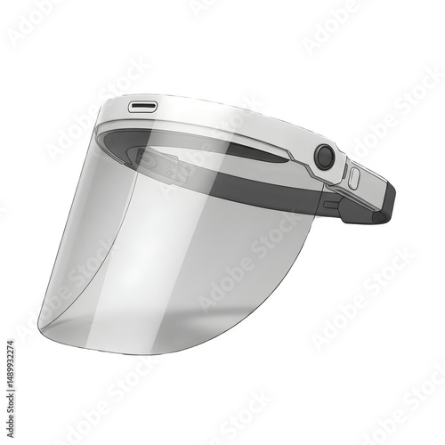 Sleek, modern face shield design.  Clear, protective visor. 3D icon, plastic illustration style on transparent or white background