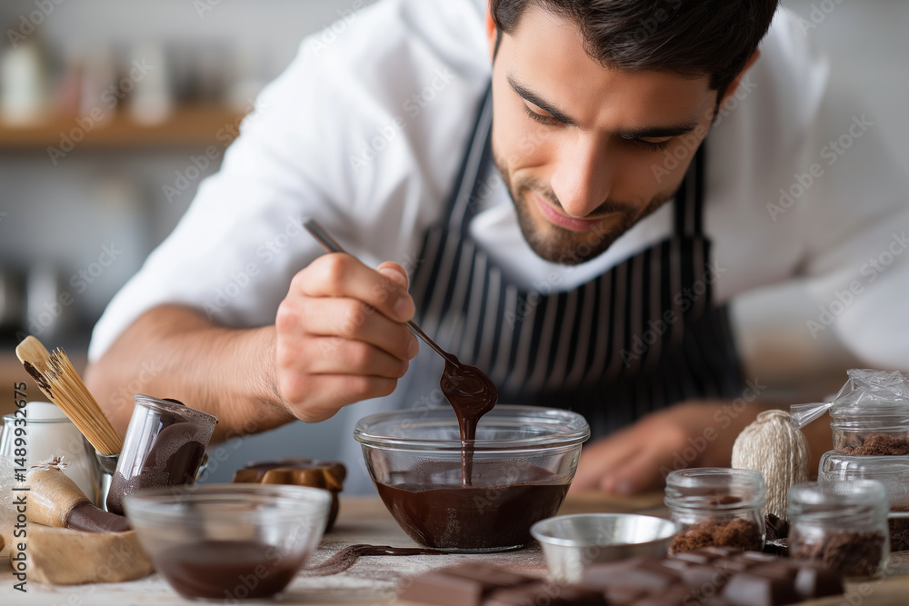 A man is making chocolate sauce in a kitchen A man is making chocolate sauce in a kitchen