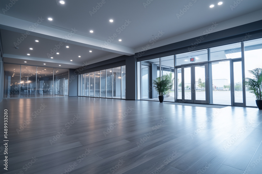 A large, empty room with a lot of windows and a potted plant A large, empty room with a lot of windows and a potted plant