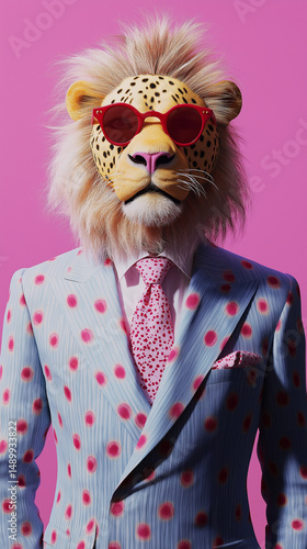 A spotted lion-headed figure wears a pink polka dot suit with matching tie and sunglasses against a monochrome pink backdrop. Whimsical and retro-inspired character portrait.