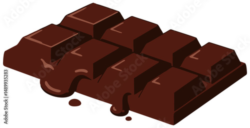 Vector illustration of a chocolate bar with melted caramel filling oozing over the surface, shown in a tempting three-dimensional perspective.