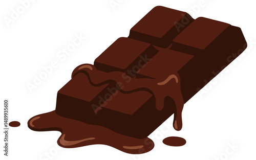 Vector illustration of a chocolate bar with melted caramel filling oozing over the surface, shown in a tempting three-dimensional perspective.