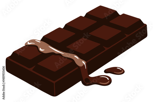Vector illustration of a chocolate bar with melted caramel filling oozing over the surface, shown in a tempting three-dimensional perspective.