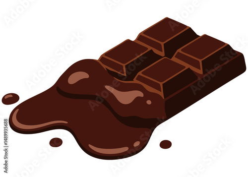 Vector illustration of a chocolate bar with melted caramel filling oozing over the surface, shown in a tempting three-dimensional perspective.
