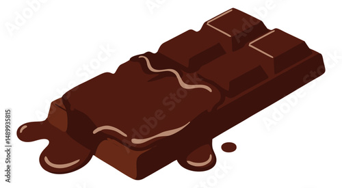 Vector illustration of a chocolate bar with melted caramel filling oozing over the surface, shown in a tempting three-dimensional perspective.