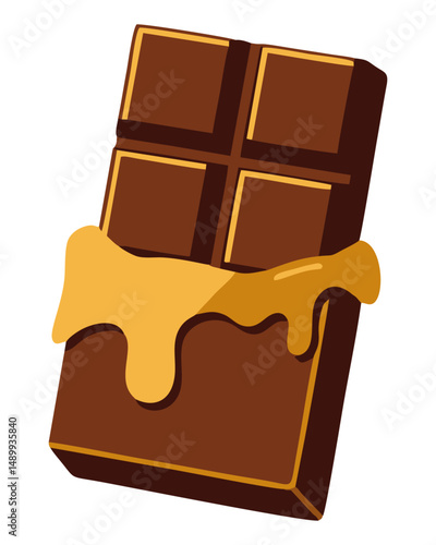 Vector illustration of a chocolate bar with melted caramel filling oozing over the surface, shown in a tempting three-dimensional perspective.