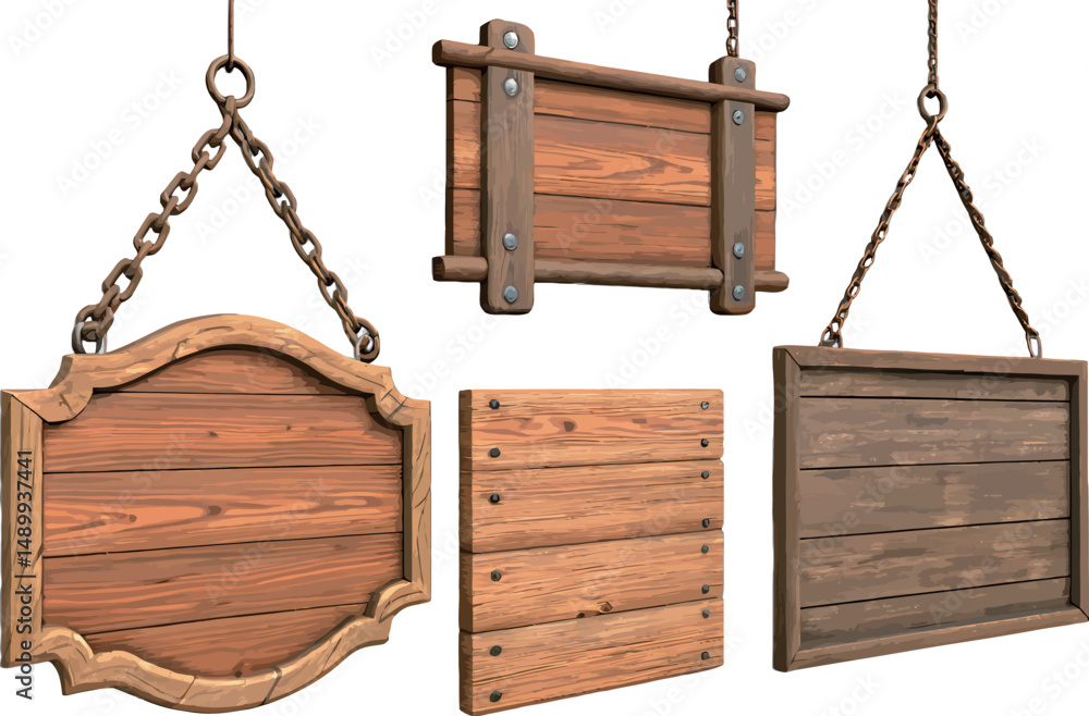 Naklejka premium Four decorative wooden signs with varying shapes and attachments.
