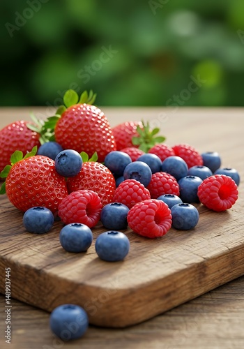Wallpaper Mural Fresh summer berries on wooden board offering natural sweetness and flavor Torontodigital.ca