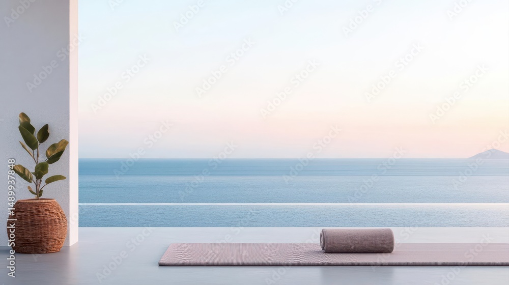 Obraz premium Yin yoga at dawn by the sea with minimalist props