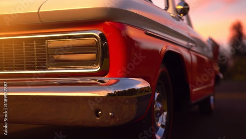Close-Up of Vintage Retro Car at Sunset with Gleaming Chrome and Cinematic Golden Hour Lighting