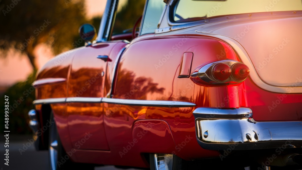 Fototapeta premium Close-Up of Vintage Retro Car at Sunset with Gleaming Chrome and Cinematic Golden Hour Lighting