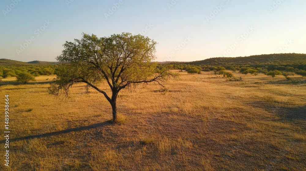 Obraz premium Lonely Tree Casting Long Shadow on Empty Field During Sunset in Rural Landscape