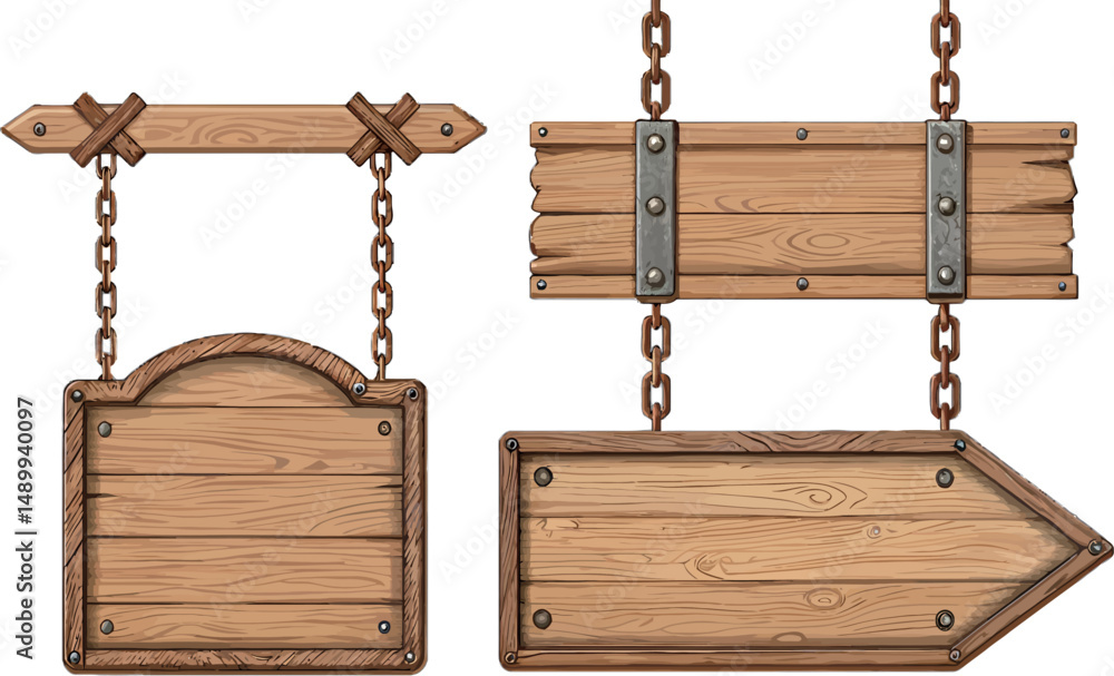 Naklejka premium Set of wooden directional signs with chains and metal accents.