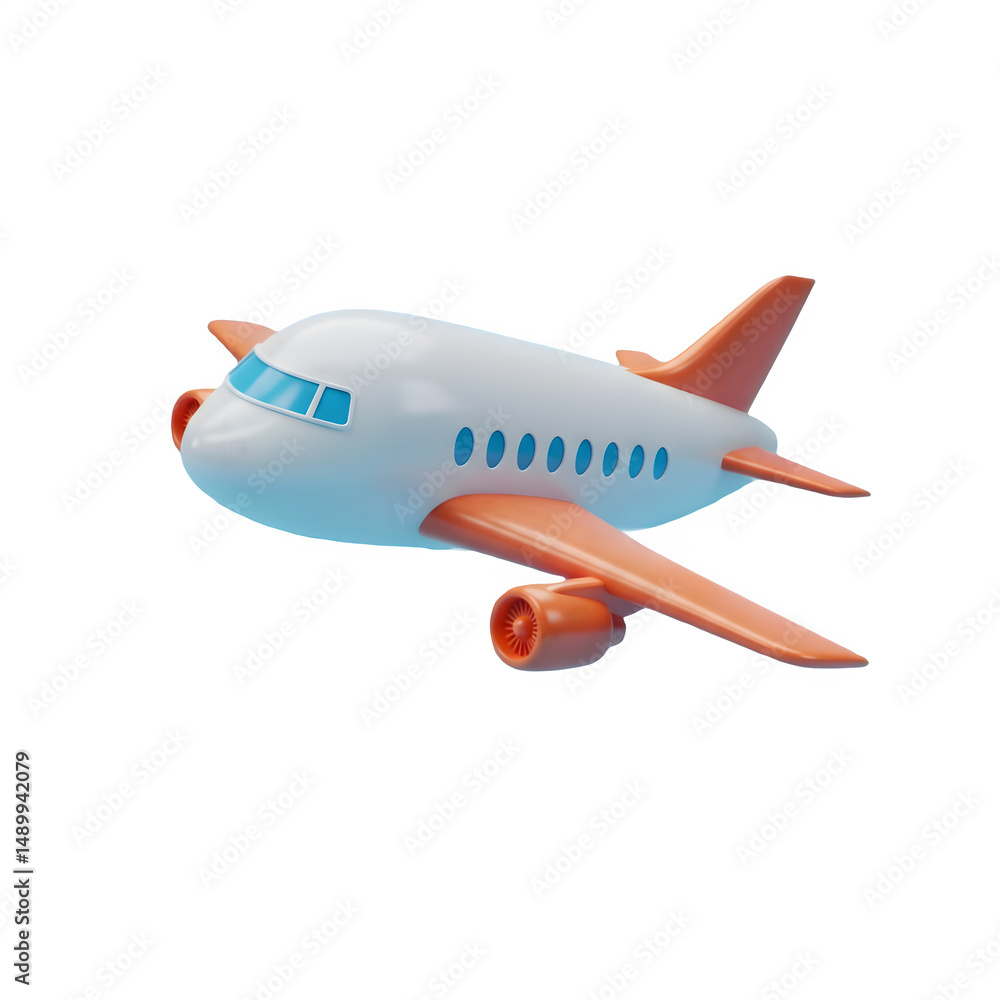 Obraz premium Cartoon airplane soaring through the sky. Orange and white design. 3D icon, plastic illustration style on transparent or white background