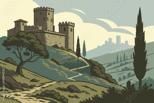 95 ancient citadel, medieval castle, stone architecture, panoramic view, rugged landscape, lush greenery, cypress trees, blue sky, rolling hills, city skyline, atmospheric lighting, dramatic architect