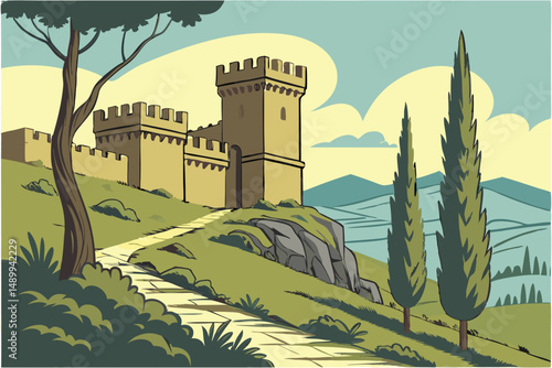 95 ancient citadel, medieval castle, stone architecture, panoramic view, rugged landscape, lush greenery, cypress trees, blue sky, rolling hills, city skyline, atmospheric lighting, dramatic architect