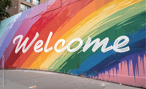 Colorful mural with 'Welcome' in a vibrant rainbow design.