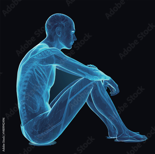 A male figure in a side profile, depicted in glowing blue, illustrating human anatomy.