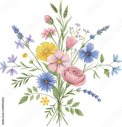 A vibrant bouquet of wildflowers displaying a mix of colors and delicate petals.