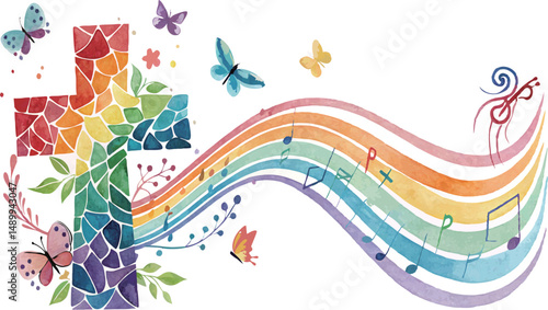 Colorful mosaic cross with butterflies and musical notes in vibrant hues.