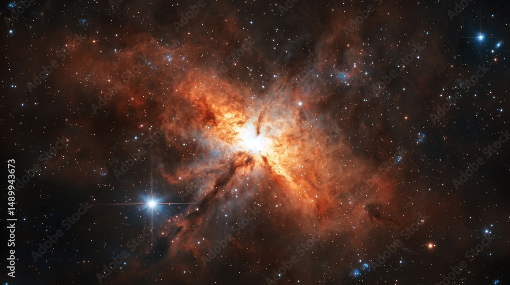Naklejka premium A stunning cosmic explosion illuminates the vibrant colors of a nebula, showcasing gas and dust clouds swirling in deep space. This view reveals the beauty of the universe