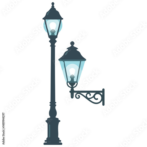 Set of street lamp posts urban lighting isolated vector illustration on white background